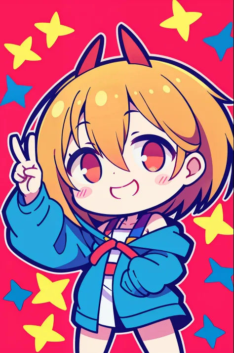 powa, chibi, doing the peace sign with hands, open mouthed smile