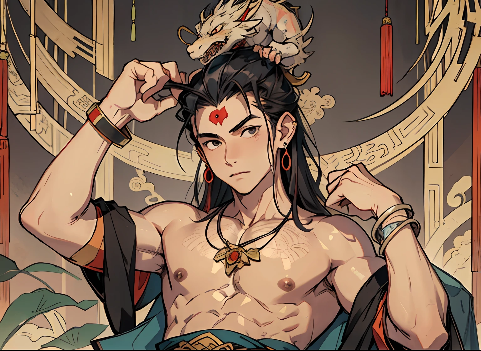 best quality, 4K, wallpaper, illustration, (1boy:1.5),(anime:1.2),(big nipple:1.2),(male:1.5),(juvenile:1.5),(young:1.5), with a Chinese dragon horn on the head, earrings on the ears, bracelets on the wrists, (metal ankle rings on the ankles: 0.8), ancient China style, (upper body:1.2), (bare shoulder:0.8), long hair, (fair skin:1.5), dance moves, thin body, Pertty boy, (black hair:0.8)