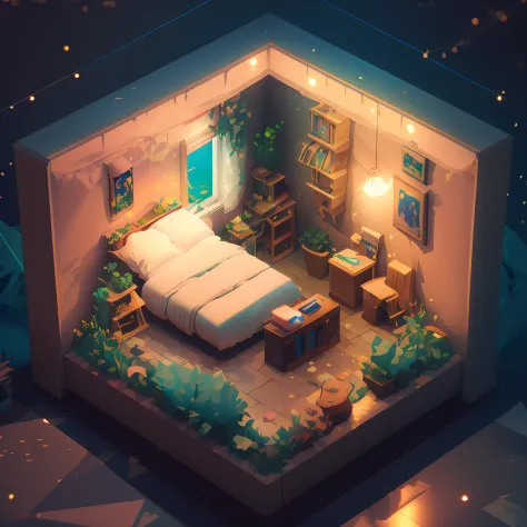 a room with a bed and a desk in it, a low poly render, inspired by cyril rolando, pixel art, beautiful isometric garden, underwa...