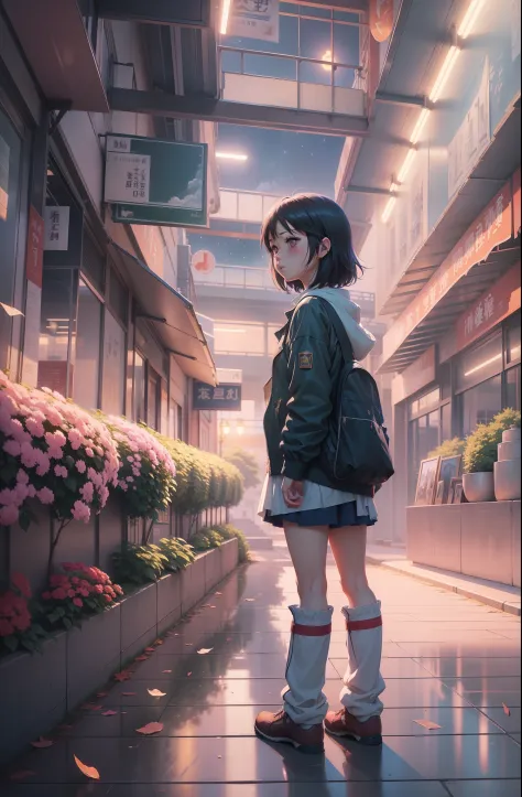 High quality masterpiece ，scenecy，The anime trail is lined with fields，in the early morning， Glittering starry sky。Modern China is idyllic，Pedestrians coming and going in the distance，Pisif，concept-art，Lofi art style，Reflectors。 By Makoto Shinkai, Lofi art...