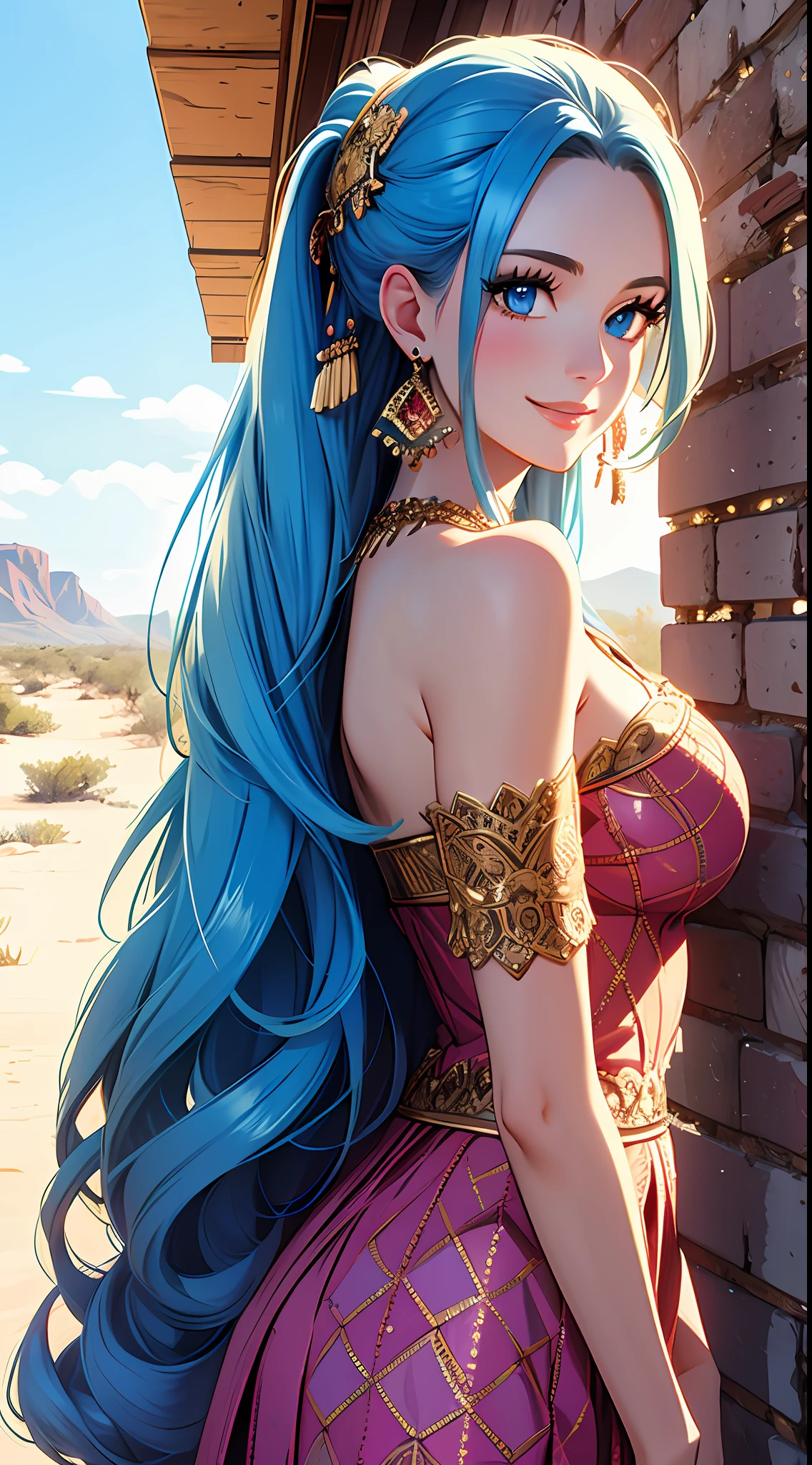 Masterpiece, ((Ultra detailed backgrounds, Delicate pattern, intricately details)), (Highly detailed, Fine details), Best quality, 1girll, Long hair, cleavage，Large breasts，Off-the-shoulder attire，Blue hair, Solo, jewelry, Earrings, pony tails, hair adornments, necklace, sky, Blue eyes, complex detailed background, outside, Sunny, desert town environment,  hair lift, with hands behind her back, Smile,