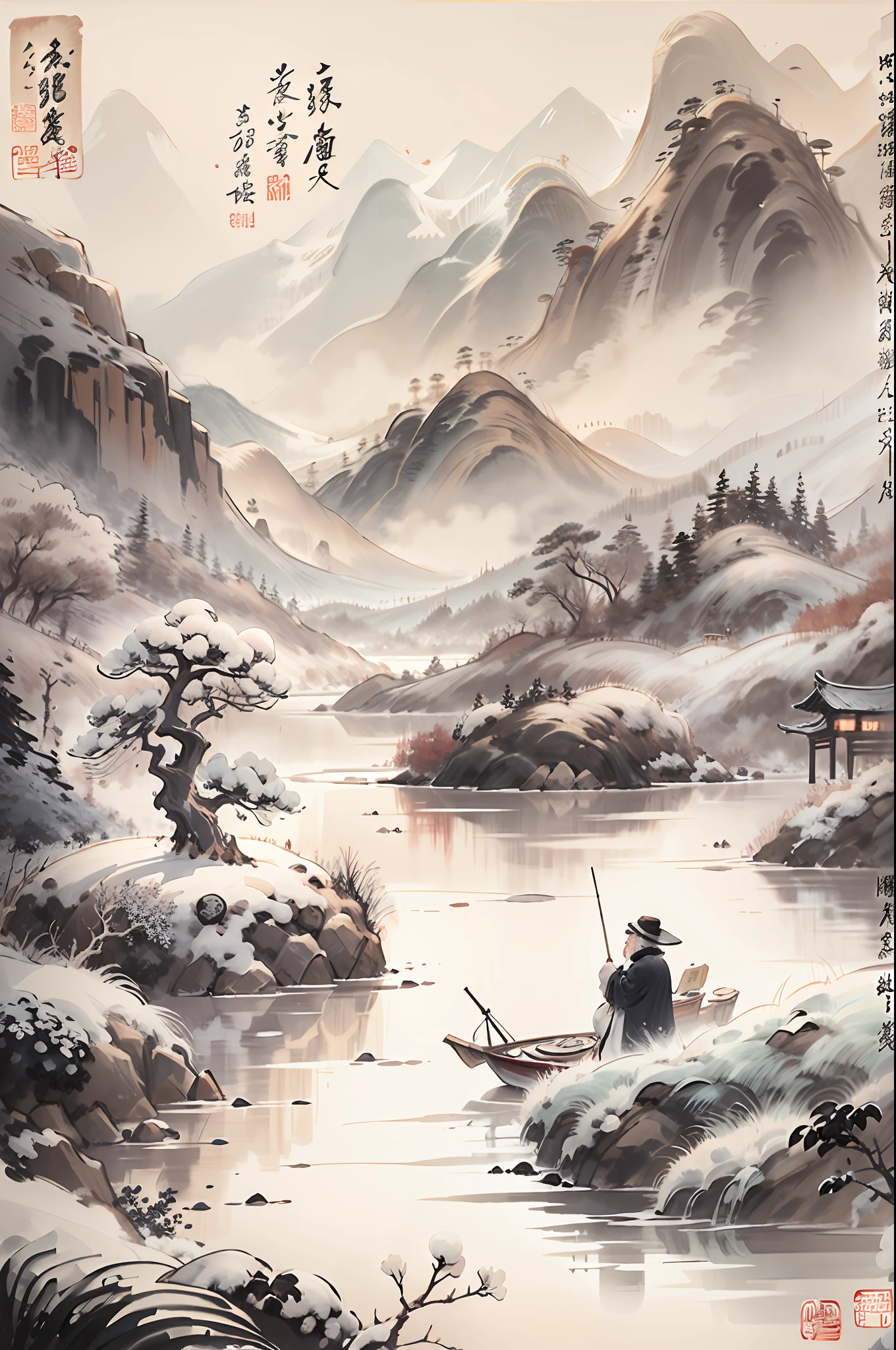 Traditional Chinese style，Black and white Chinese ink painting，water ink，ink，Smudge，Winters，nevando，Oyuki，In the distance, The mountains on all sides are covered with thick snow，On an empty and wide irregular circular lake, On a  ship, An old man in a robe sits fishing，Ultra-wide lens，Ultra vision，Empty River，Ethereal breath，Beautiful artistic conception，Ancient Chinese poetry