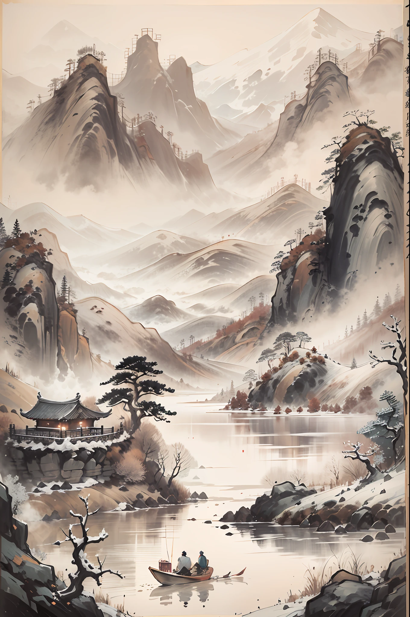 Traditional Chinese style，Black and white Chinese ink painting，water ink，ink，Smudge，Winters，nevando，Oyuki，In the distance, The mountains on all sides are covered with thick snow，On an empty and wide irregular circular lake, On a  ship, An old man in a robe sits fishing，Ultra-wide lens，Ultra vision，Empty River，Ethereal breath，Beautiful artistic conception，Ancient Chinese poetry