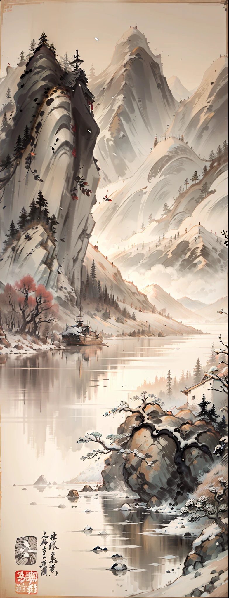 Traditional Chinese style，Black and white Chinese ink painting，water ink，ink，Smudge，Winters，nevando，Oyuki，In the distance, The mountains on all sides are covered with thick snow，On an empty and wide irregular circular lake, On a  ship, An old man in a robe sits fishing，Ultra-wide lens，Ultra vision，Empty River，Ethereal breath，Beautiful artistic conception，Ancient Chinese poetry