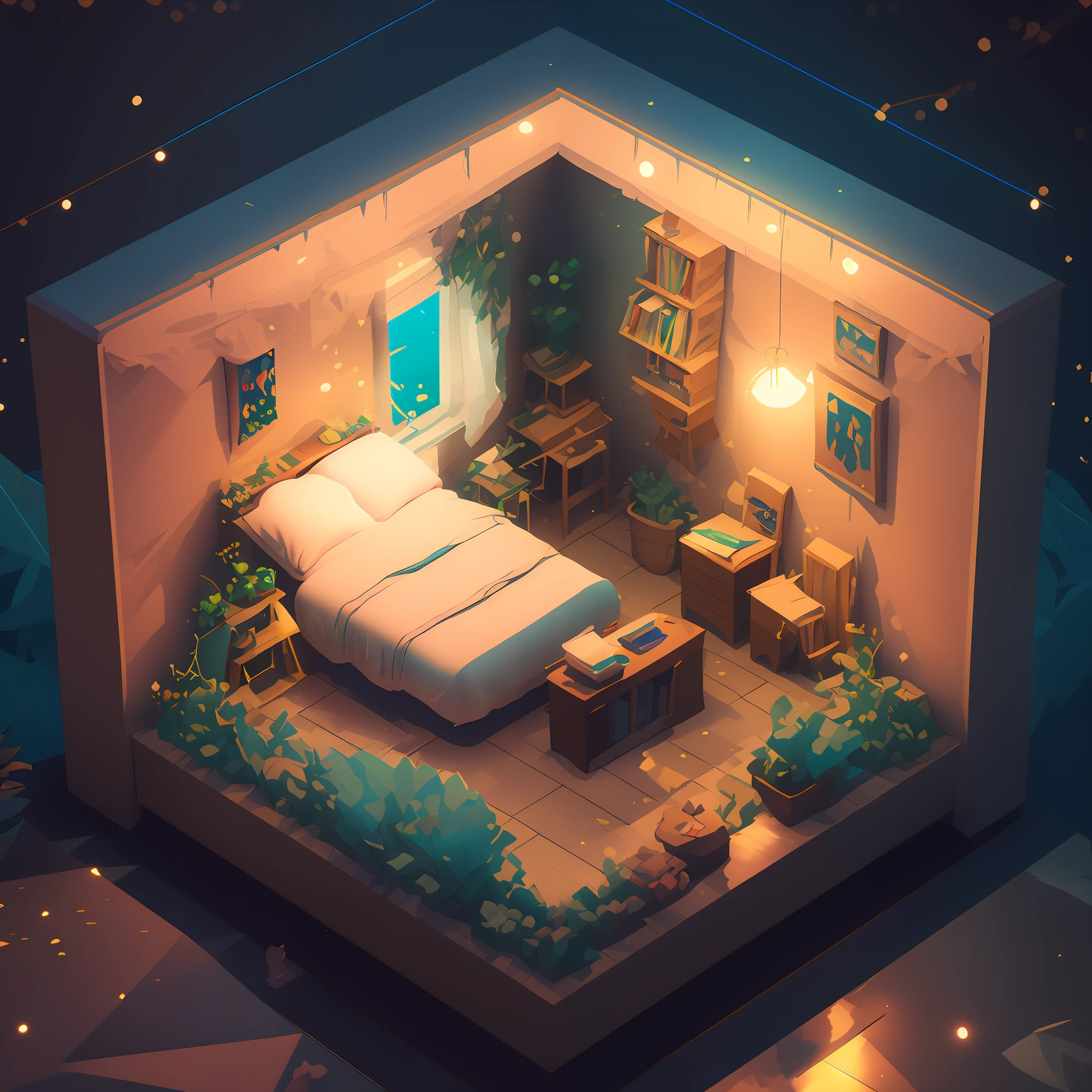 a room with a bed and a desk in it, a low poly render, inspired by Cyril Rolando, pixel art, beautiful isometric garden, underwater in the ocean at night, small and cosy student bedroom, inside a child's bedroom, organic isometric design, portfolio illustration, cute detailed artwork, beeple rendering, blurred and dreamy illustration