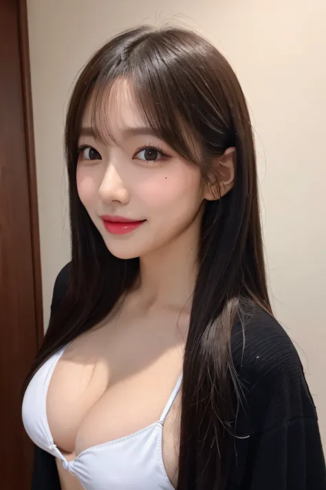 bust shot, strapless black bra, I can see the cleavage, soft big breasts,  smile - SeaArt AI