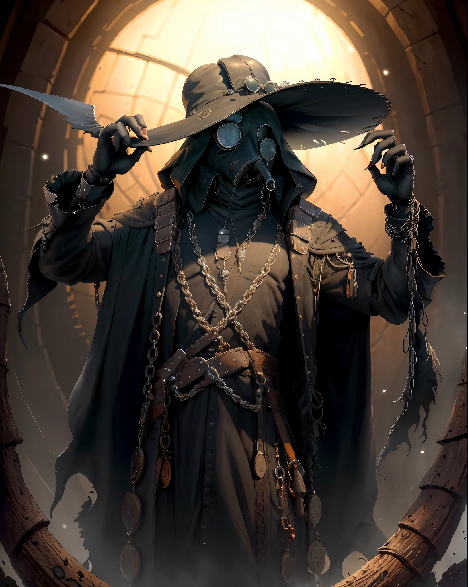 (Masterpiece, Best Quality), highres, (8k resolution), centered, (ultra-detailed), madgod, solo, plague doctor, goggles, hat, chains, black veil, beaked mask, volumetric lighting:1.1, dark, (details:1.2), sharp focus, floating particles, (depth of field), high quality, fuji 85mm, ruins, scenery, extremely detailed background, nightmare, 8k,  intricate, holding, scythe, long fingers, long fingernails,