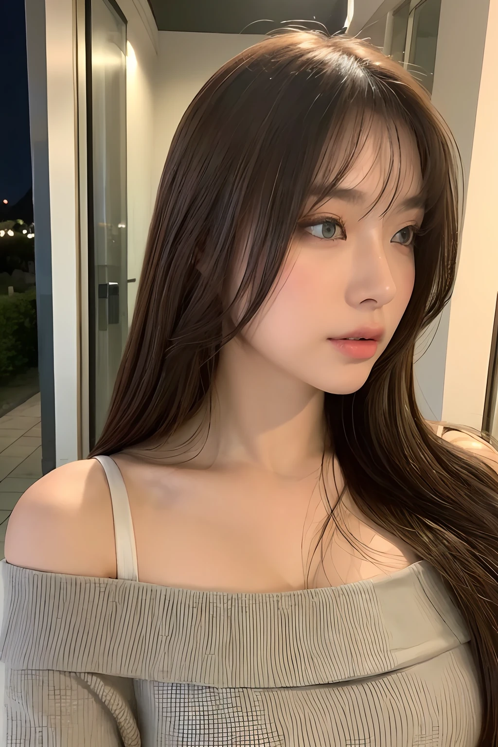 （（nighttime scene，Realistic Lighting，best qualtiy，8k，tmasterpiece：1.3）），1girll，Beautiful woman with plump body：1.4，（brown  hair，mediuml breasts：1.3），Off-the-shoulder cut top：1.3，sofas，Super detailed face，Detailed eyes，double eyelid