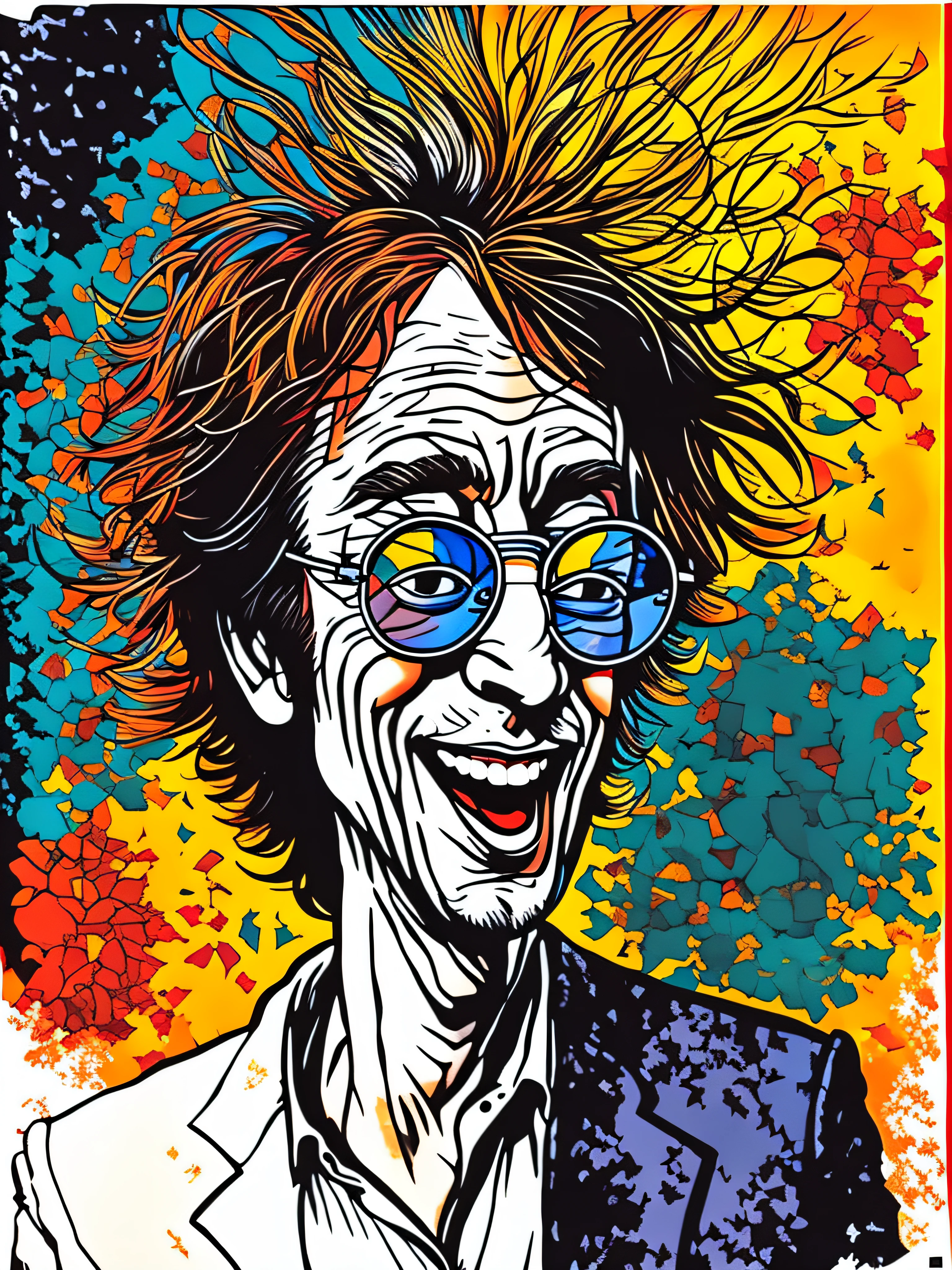 A colorful portrait of a man with glasses and a suit jacket, Velho John Lennon, estilo caricatura, salpicos de cor *, retrato dos desenhos animados, retrato cores felizes, caricature illustration, caricatura!!!, inspirado em Harry Beckhoff, Hippie, retrato colorido, caricatural, inspirado em Ron English, Harry Volk Estilo Clip Art