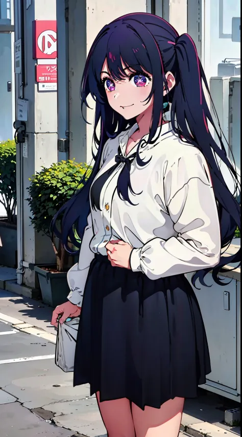 casual outfit, city, tokyo, long hair, twin tails, happy expression, smile, masterpiece, best quality, outdoors, outside, sunny