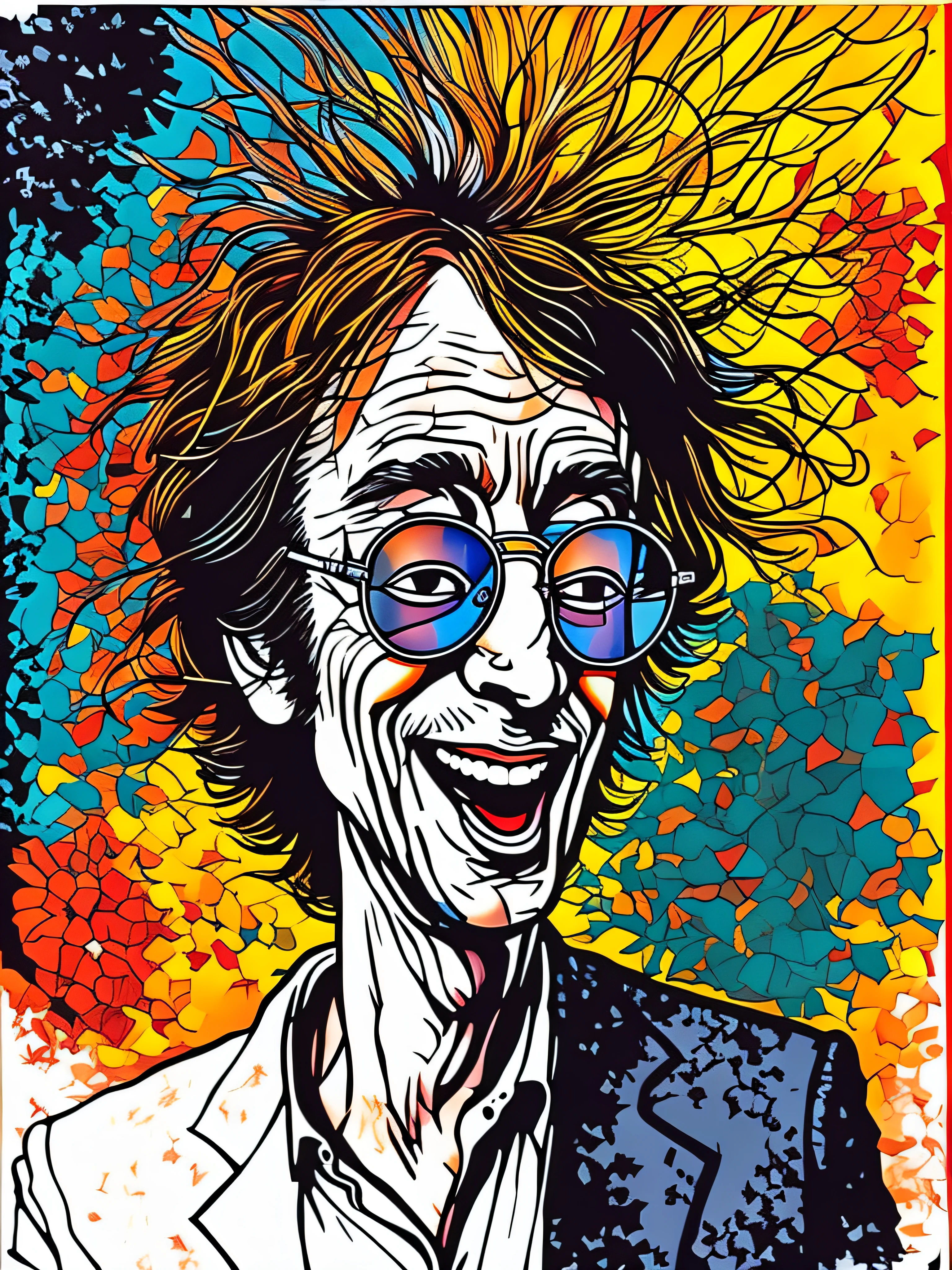 A colorful portrait of a man with glasses and a suit jacket, Velho John Lennon, estilo caricatura, salpicos de cor *, retrato dos desenhos animados, retrato cores felizes, caricature illustration, caricatura!!!, inspirado em Harry Beckhoff, Hippie, retrato colorido, caricatural, inspirado em Ron English, Harry Volk Estilo Clip Art