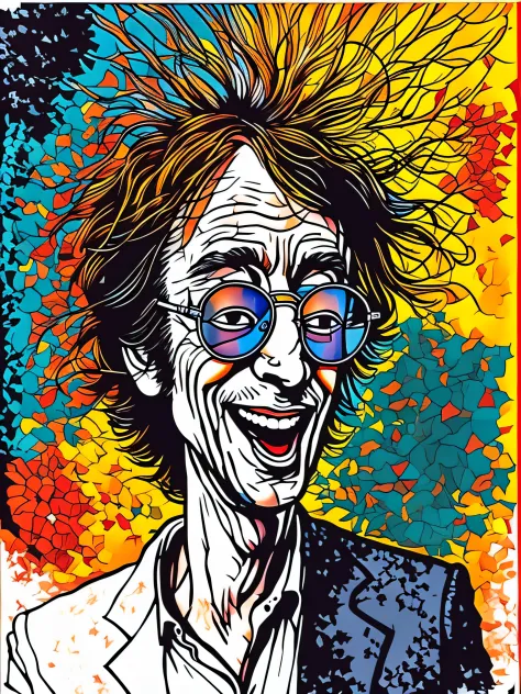A colorful portrait of a man with glasses and a suit jacket, Velho John Lennon, estilo caricatura, salpicos de cor *, retrato do...