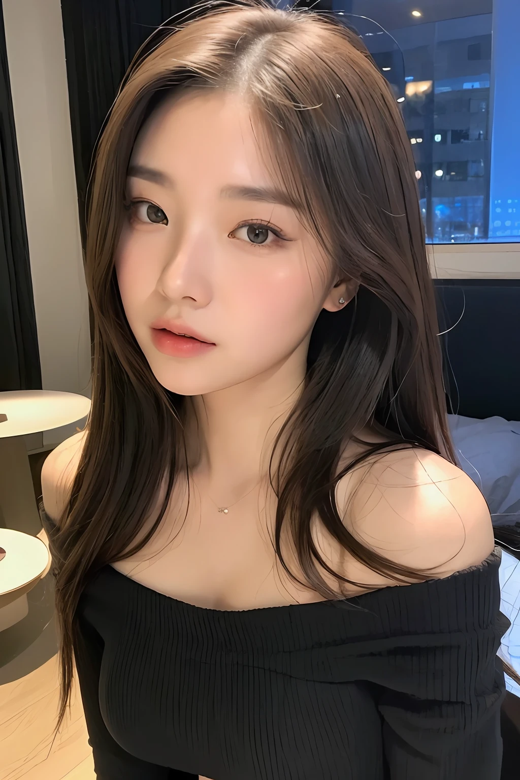 （（nighttime scene，Realistic Lighting，best qualtiy，8k，tmasterpiece：1.3）），1girll，Beautiful woman with plump body：1.4，（brown  hair，mediuml breasts：1.3），Off-the-shoulder cut top：1.3，sofas，Super detailed face，Detailed eyes，double eyelid