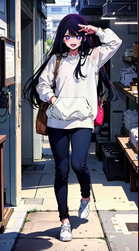 casual outfit, city, tokyo, long hair, happy expression, smile, masterpiece, best quality
