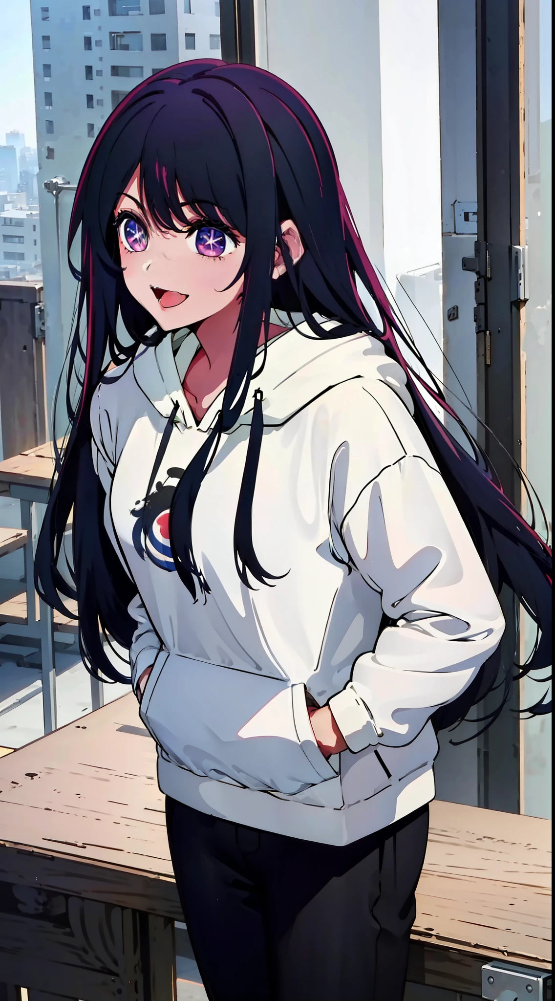 casual outfit, city, tokyo, long hair, happy expression, smile, masterpiece, best quality, outdoors, outside, sunny, oversized hoodie