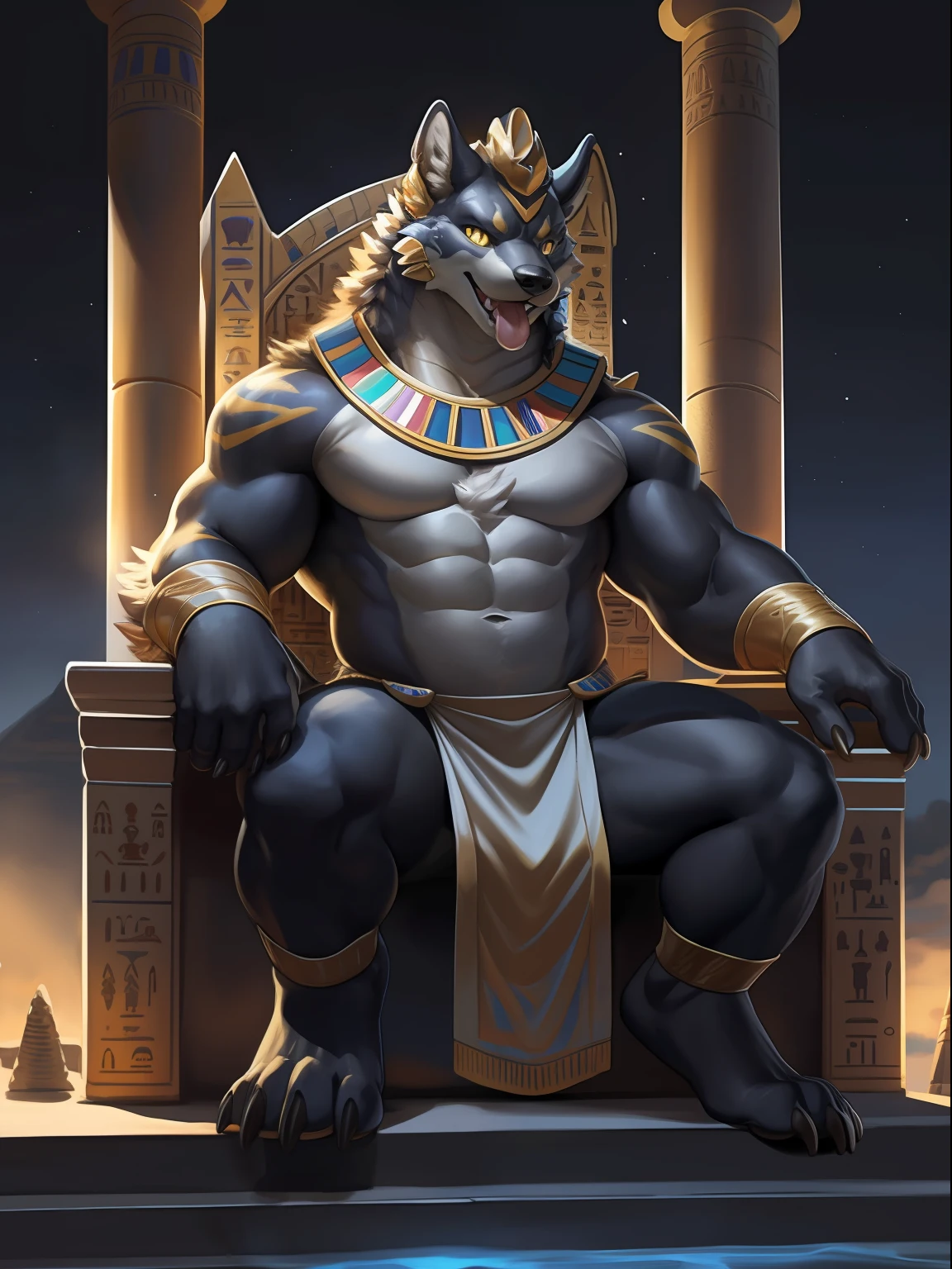 Solo, Male, (Muscular), sacrifices, (male anthro wolf):1.3, Pure black body,, (Kamimei，Sit on the throne):1.3, (komono:1.4) (DOA):1.23, (, The loincloth is semi-worn，Half comes off， Yellow pattern:1.2), Detailed eyes, lizard tail,A pair of dragon horns, A pair of dragon wings，((half-body portrait)), (Detailed eyes, Yellow eyes, Black skin，Yellow stripes，Sharp claws，Cute beast claws，Stick out her tongue，Fluid spills from the lower body，Egyptian costumes，Egyptian totem，Abinus，glowing light eyes):1.1, (exteriors:1.35), altar, firey, fumo, On the Egyptian throne in the Egyptian temple, the night, Be red in the face，enjoying，（Particle，glowworm，blue glowing）：1.3，detailedbackground，realisticlying，realistic hand，8k hdr，（Dark shadows，Wide dynamic range，hdr，low-light：1.2），author（pino daeni，（author：by ruaidri），author：virtyalfobo）