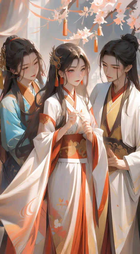 NSFW,tmasterpiece,Need,super-fine,Semi-realistic,2male,Mature male，1womanl,A MILF，Two Asian men dressed in traditional dress stand behind Asian woman in traditional dress, A woman in Hanfu, Two men dressed in Chinese clothing，Meticulous facial features,lon...