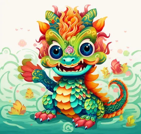 Illustration of a colorful dragon with a flower head and tail, Cute detailed digital art, cute little dragon, lovely digital painting, cyan chinese dragon fantasy, adorable digital art, mythological creatures, Chinese Dragon, cute detailed artwork, anthrop...