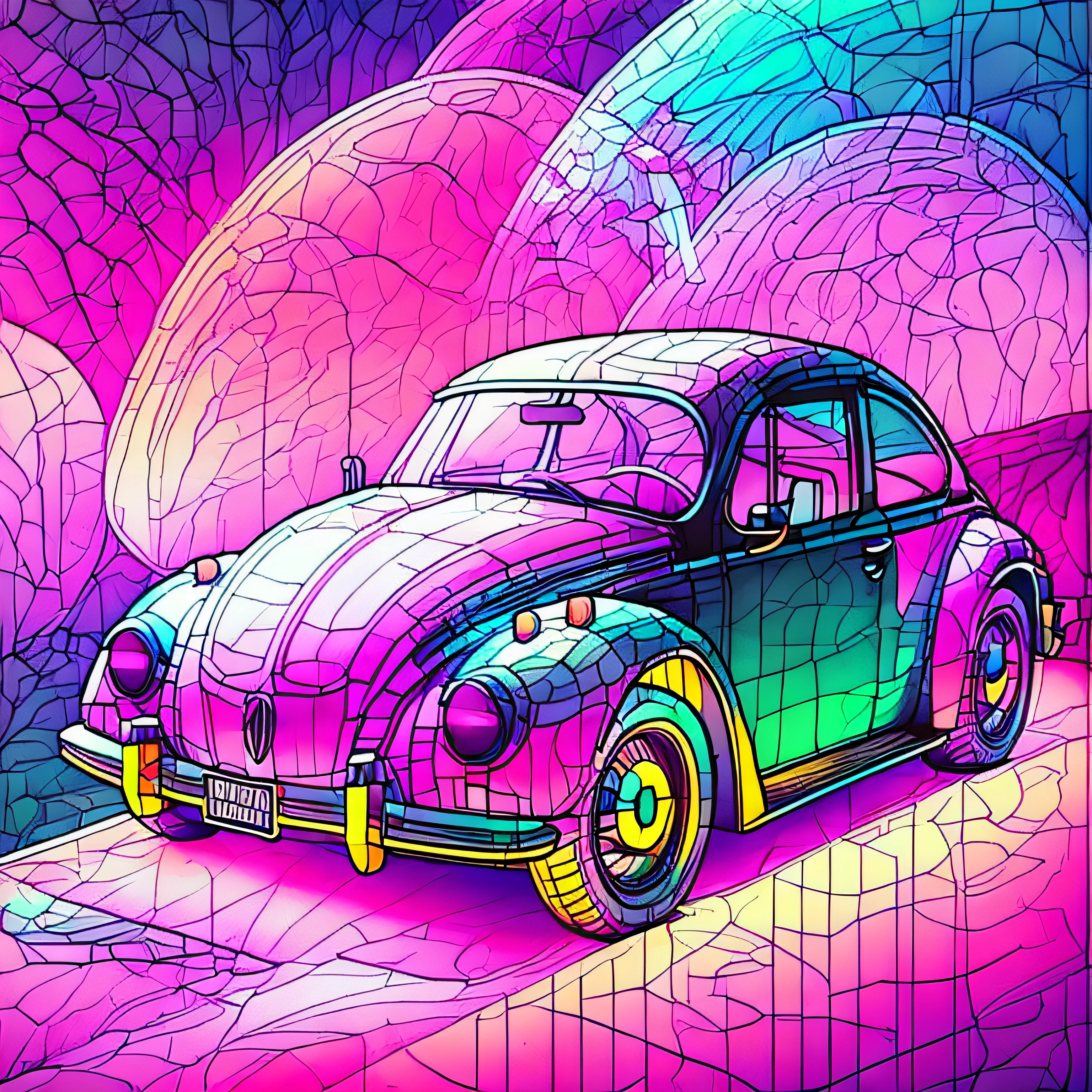 carro colorido brilhante, aesthetic illustration, in illustration style digital, Inspirado no fusca, full-colour illustration, Altamente detalhado Hyper Real Retro, 3d matte illustration