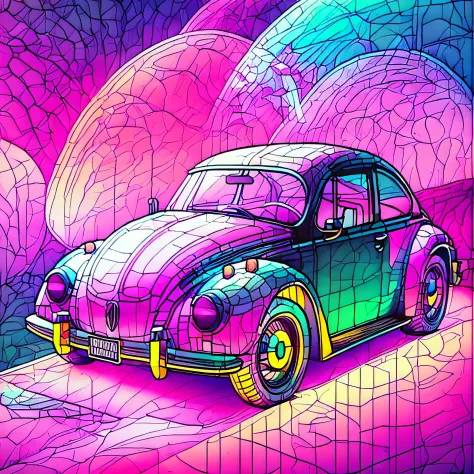 carro colorido brilhante, aesthetic illustration, in illustration style digital, Inspirado no fusca, full-colour illustration, A...