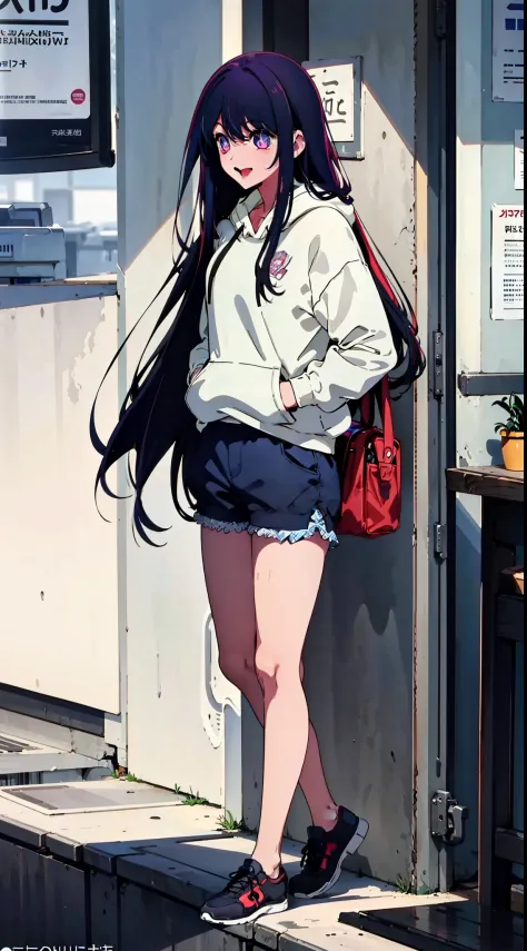 casual outfit, city, tokyo, long hair, happy expression, smile, masterpiece, best quality, outdoors, outside, sunny, big hoodie,...