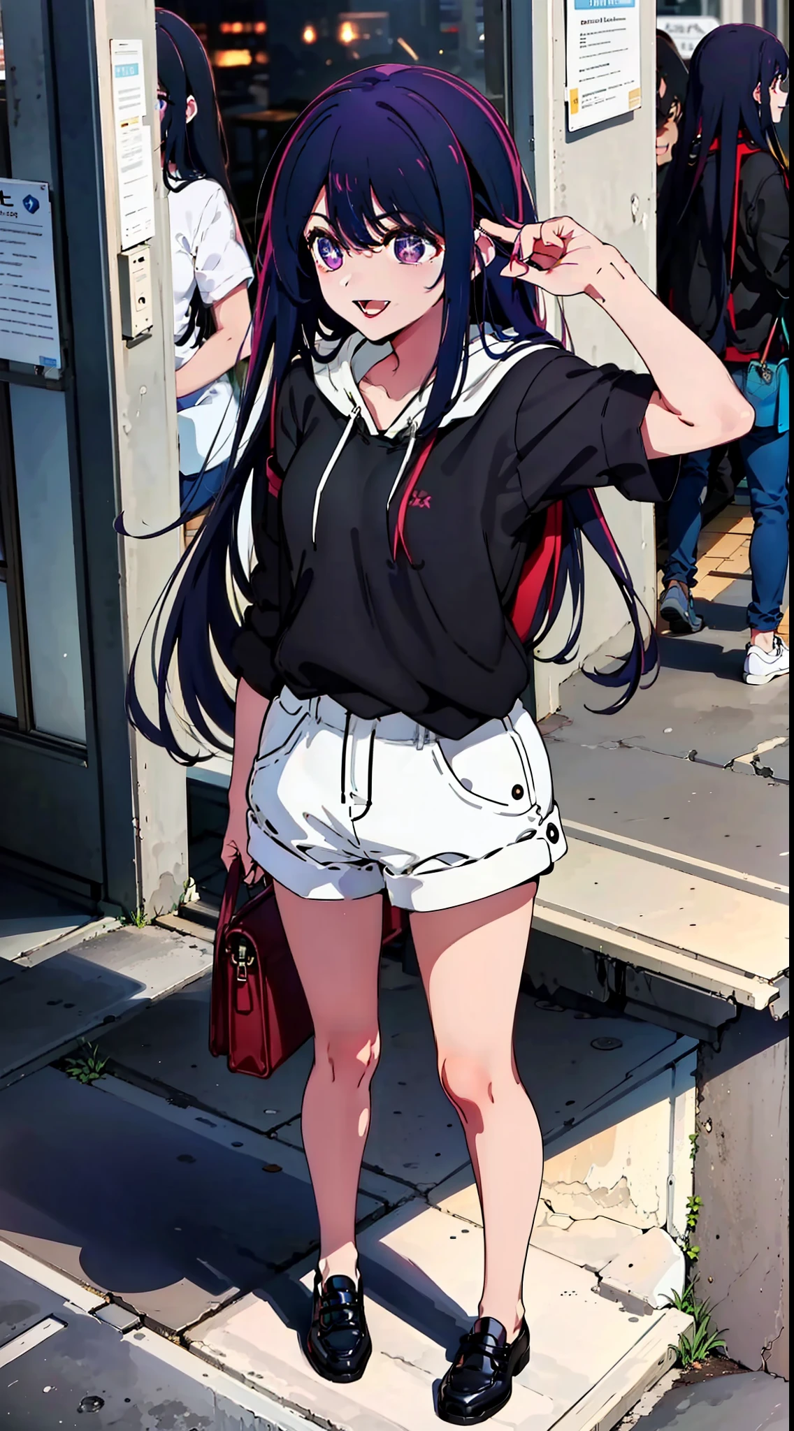 casual outfit, city, tokyo, long hair, happy expression, smile, masterpiece, best quality, outdoors, outside, sunny, big hoodie, short shorts