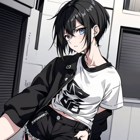 Tomboyish girl, side portrait, black and white, messy short hair, edgy accessories, ripped jeans, sporty style, casual t-shirt, confident gaze, monochrome color scheme, looking to the side, chic street fashion, casual hands in pockets pose