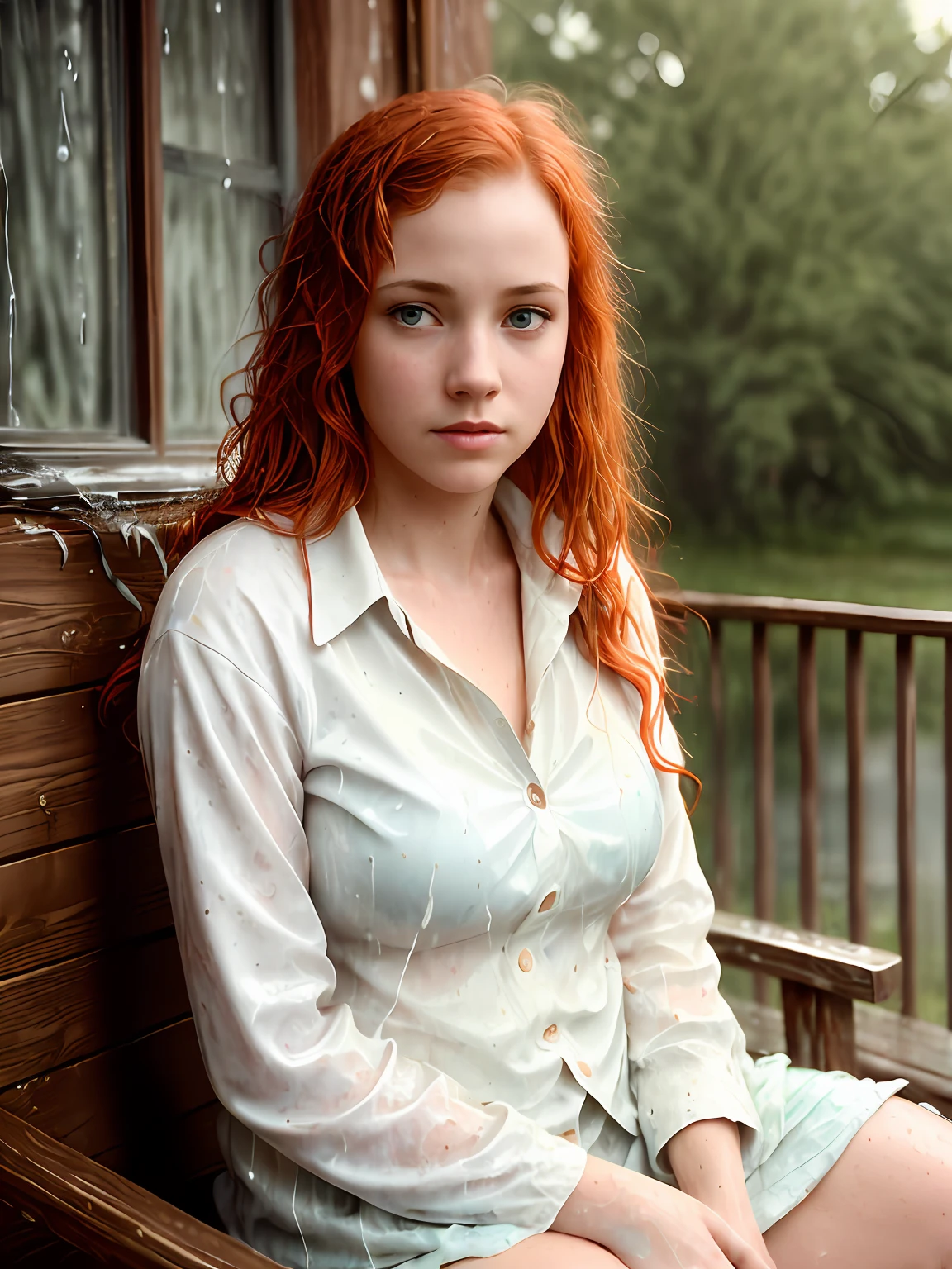 a portrait of a (soaking wet of a milk:1.2) redhead, teacher is sitting on a porch, [white shirt : 18], slate atmosphere, cinematic, dimmed colors, dark shot, muted colors, film grainy, lut, insane details, intricate details, hyperdetailed, closeup, twilight