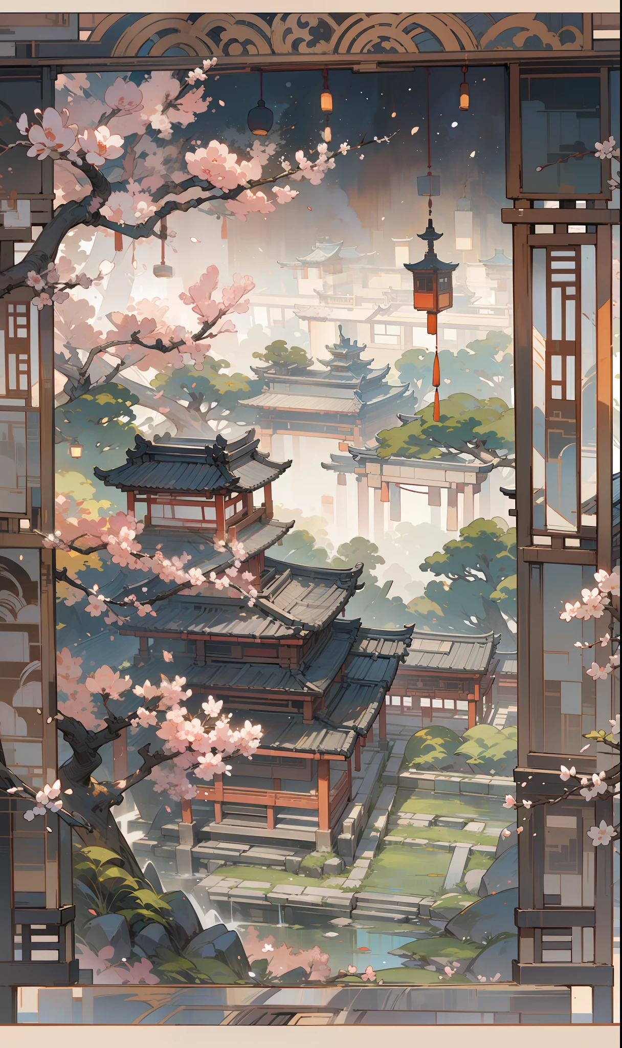 （Microlandscape：1.8，Faraway view，High viewing angle lens），Antique game scene design，A corner of the ancient town of Jiangnan，Black night sky，the night，starrysky，Lanterns，big trees，florals，Flowers in the bushes，Trees bloom，Sakura architecture，Antique carved door beams，Chinese ink painting OC rendering sculpture