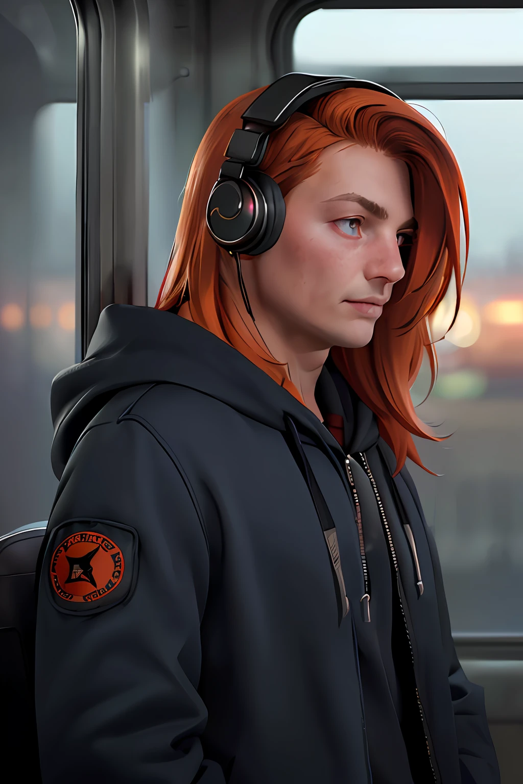 (masterpiece, sidelighting, ultra-detailed, finely detailed beautiful eyes: 1.2), 1boy, bag, building, from side, headphones, hood, hood down, hooded jacket, hoodie, jacket, long hair, orange hair, profile, red hair, solo, train, train interior, upper body, Masterpiece, best quality, (realistic:1.5), (real photo:1.5)