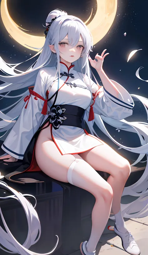 tmasterpiece、Need、night scene、moon full、1female、Mature woman、China-style、Ancient China、Sister、Pure、in cold face、face expressionless、Silver white long haired woman，whitestocking，White sneakers，Pale pink lips、Steady、intelligence、tribelt、Gray pupils,swordsman...