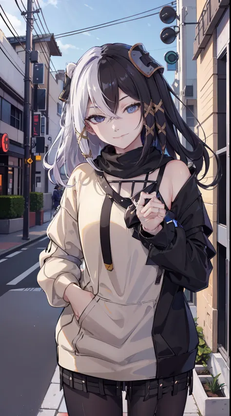 casual oufit, city, tokyo, domineering smile, arrogant expression, cocky, best quality, masterpiece, outdoors, outside, hoodie, sunny