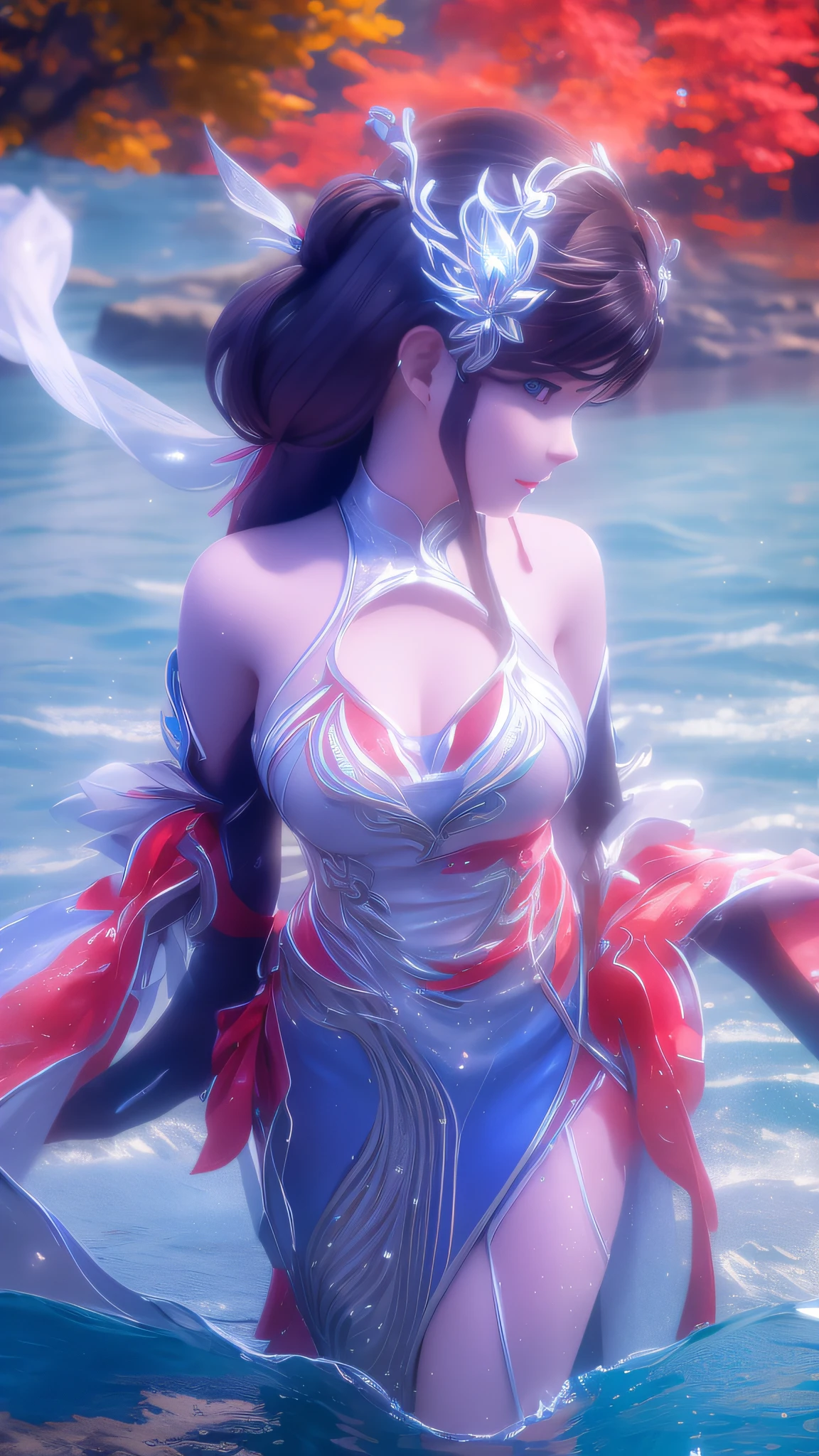 Arapei com vestido azul e branco ficou na água, Garota de anime andando na água, fantasia closeup com magia de água, estilo azur lane, tendências no cgstation, Cosplay de garota de anime, seraphine ahri kda, Arte Splash Anime , tendências na cgstation, Água realista, fada da água, WLOP e Sakimichan