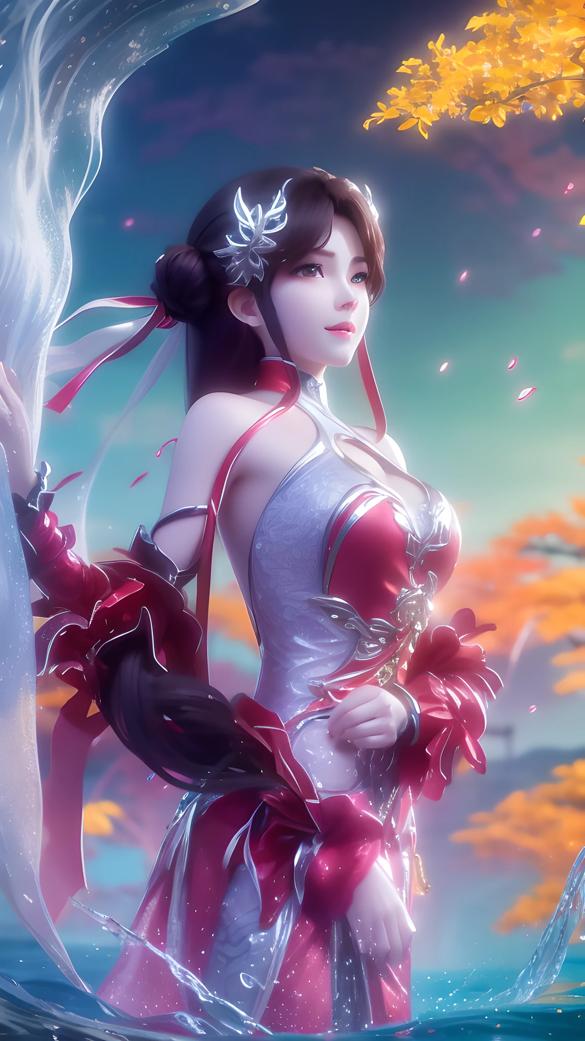 Arapei in a blue and white dress stood in the water, Anime girl walking on water, closeup fantasy with water magic, azur lane style, trending on cgstation, Anime girl cosplay, seraphine ahri kda, Splash art anime Loli, trending at cgstation, realistic water, water fairy, WLOP and Sakimichan