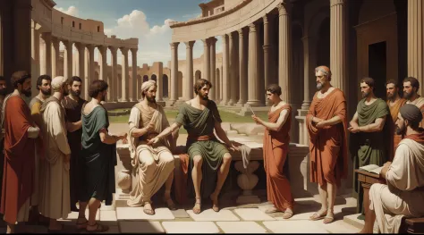 Marcus Aurelius teaching philosophical lessons to Roman citizens in the Forum, oil painting