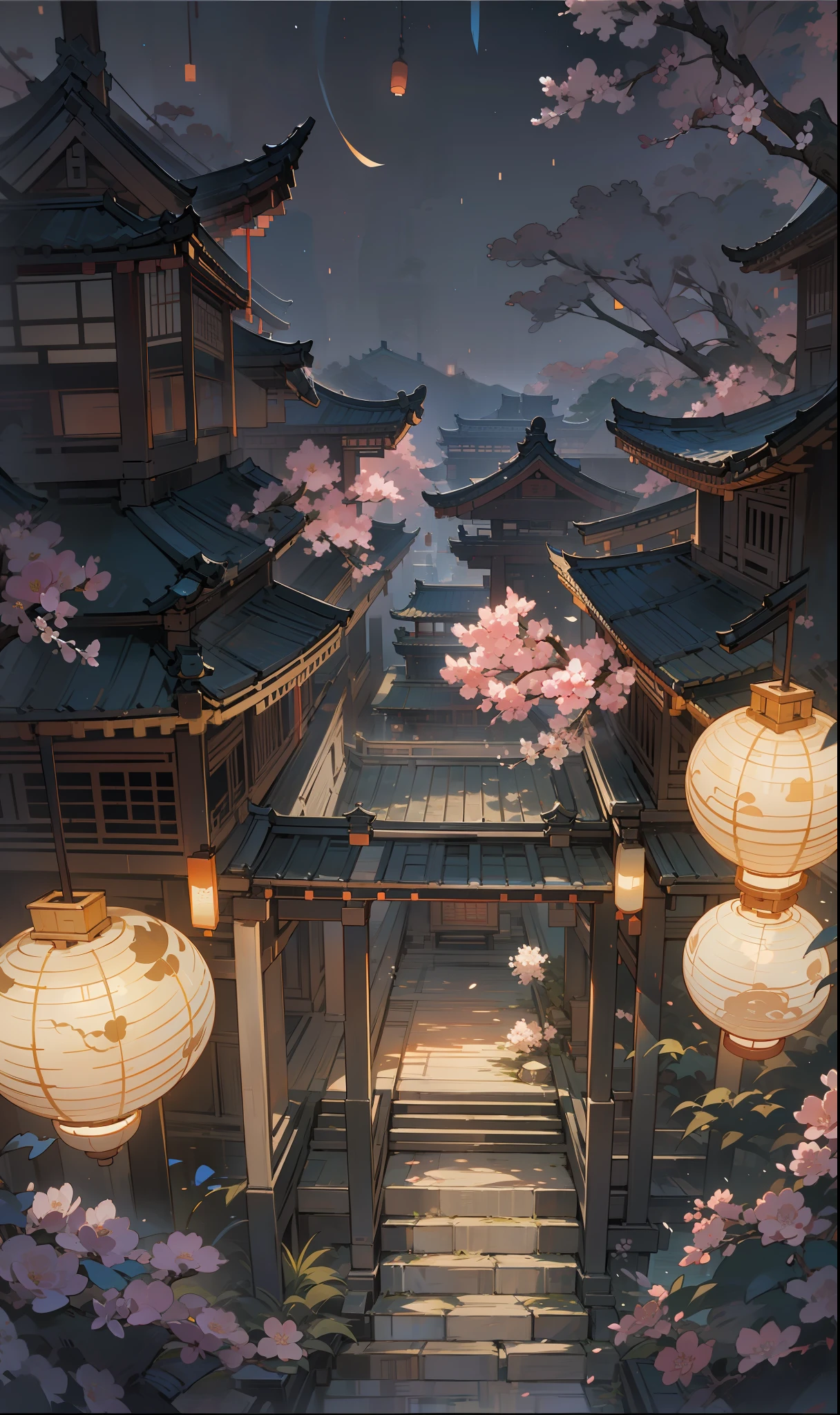 （Microlandscape：1.8，Faraway view，High viewing angle lens），Antique game scene design，A corner of the ancient town of Jiangnan，Black night sky，the night，starrysky，Lanterns，big trees，florals，Flowers in the bushes，Trees bloom，Sakura architecture，Antique carved door beams，Chinese ink painting OC rendering sculpture