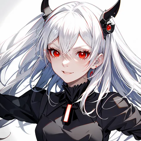 Anime girl with white hair and red eyes in a black dress, demon anime girl, with glowing red eyes, style of anime4 K, with red g...