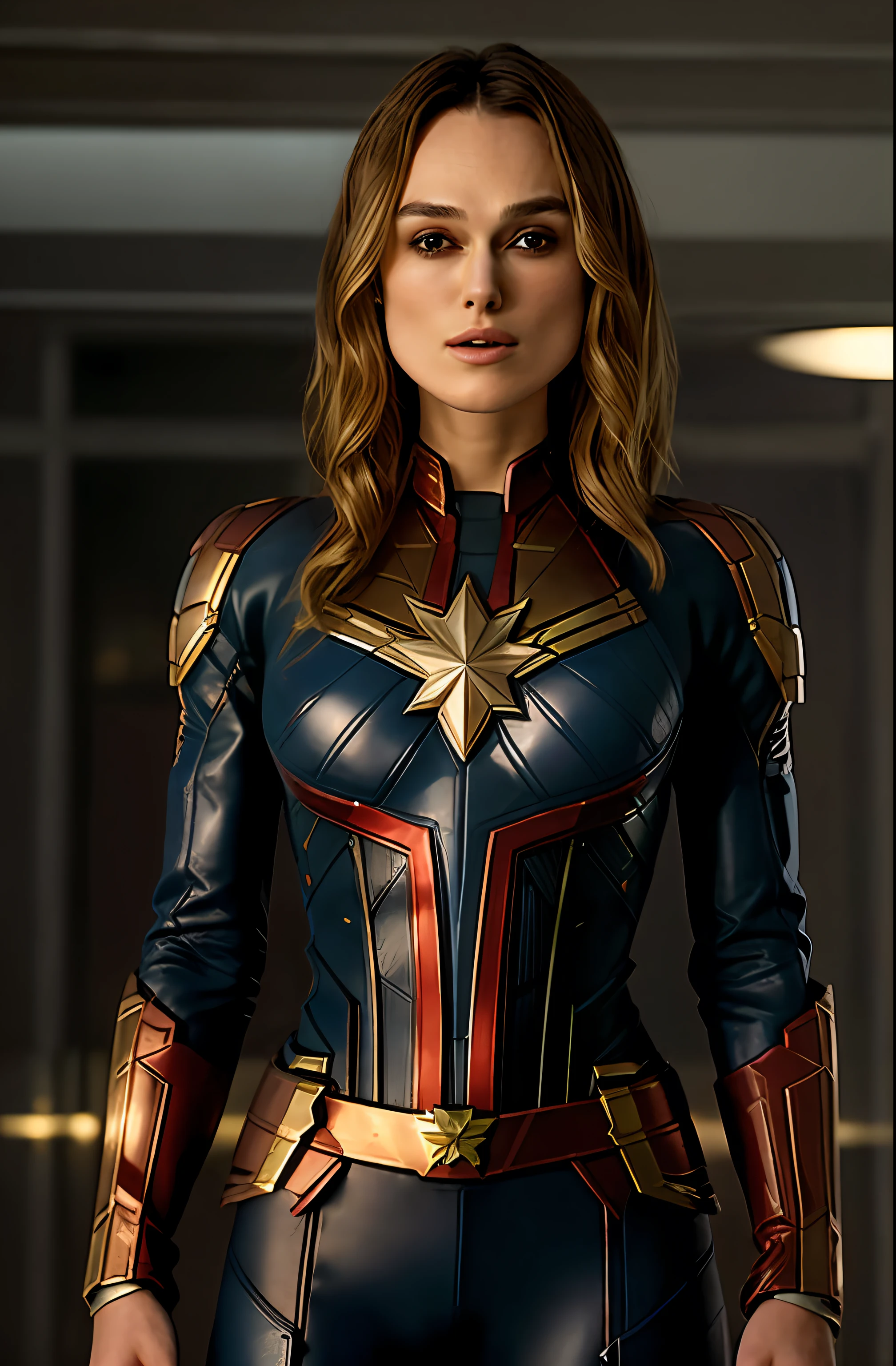 Masterpiece, best quality, extremely beautiful, perfect face, high clarity eyes, flawless, highly detailed, perfect body, Face of keira knightley, Keira Knightley as captain mervel, blonde hair, medium hair, full body portrait, wearing captain marvel outfit, sexy, cleavage, breasts showing,