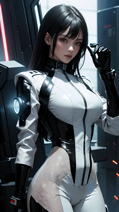 solo, super fine photo,shitu-mecha, portrait Unreal Engine 5 8K UHD of a girl in a skin tight futuristic black latex battle suit...