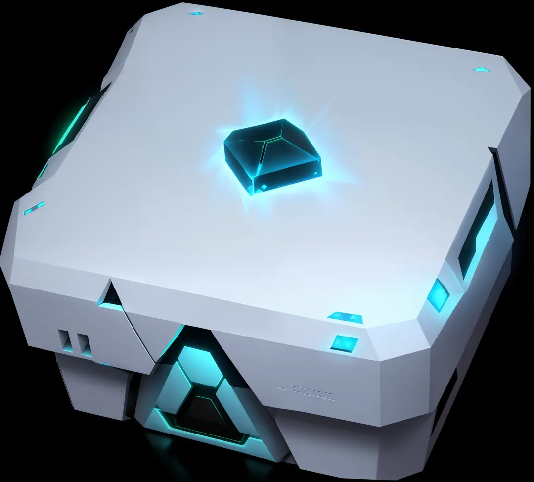 White box close-up，There is a green diamond on it, loot box, cryo engine, the tesseract, modular item, game icon asset, arte renderizada, borg cube, Hypercube, octagon render 8k, no gradien, server, game assets, iridescent cybernetic processor, artistation...