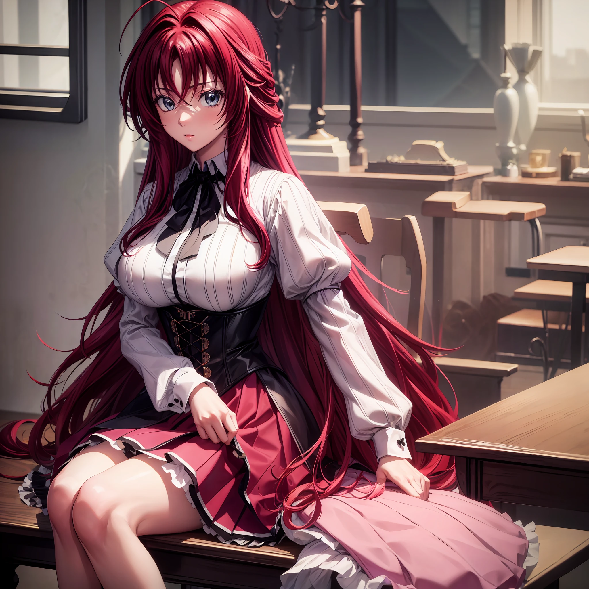 1 girl, long hair, crimson long hair, reaches down to thighs with a single hair strand sticking out from the top hair also has loose bangs covering forehead and side bangs framing face, voluptuous body, large breast, white long-sleeved button-down shirt with a black ribbon on shirt collar worn under a black shoulder cape and a matching button-down corset, magenta skirt with white accents and brown dress shoes over white crew-length sock, inside classroom, looking at viewers, sitting on top the table, perfect finger shape, the number of fingers is not excessive