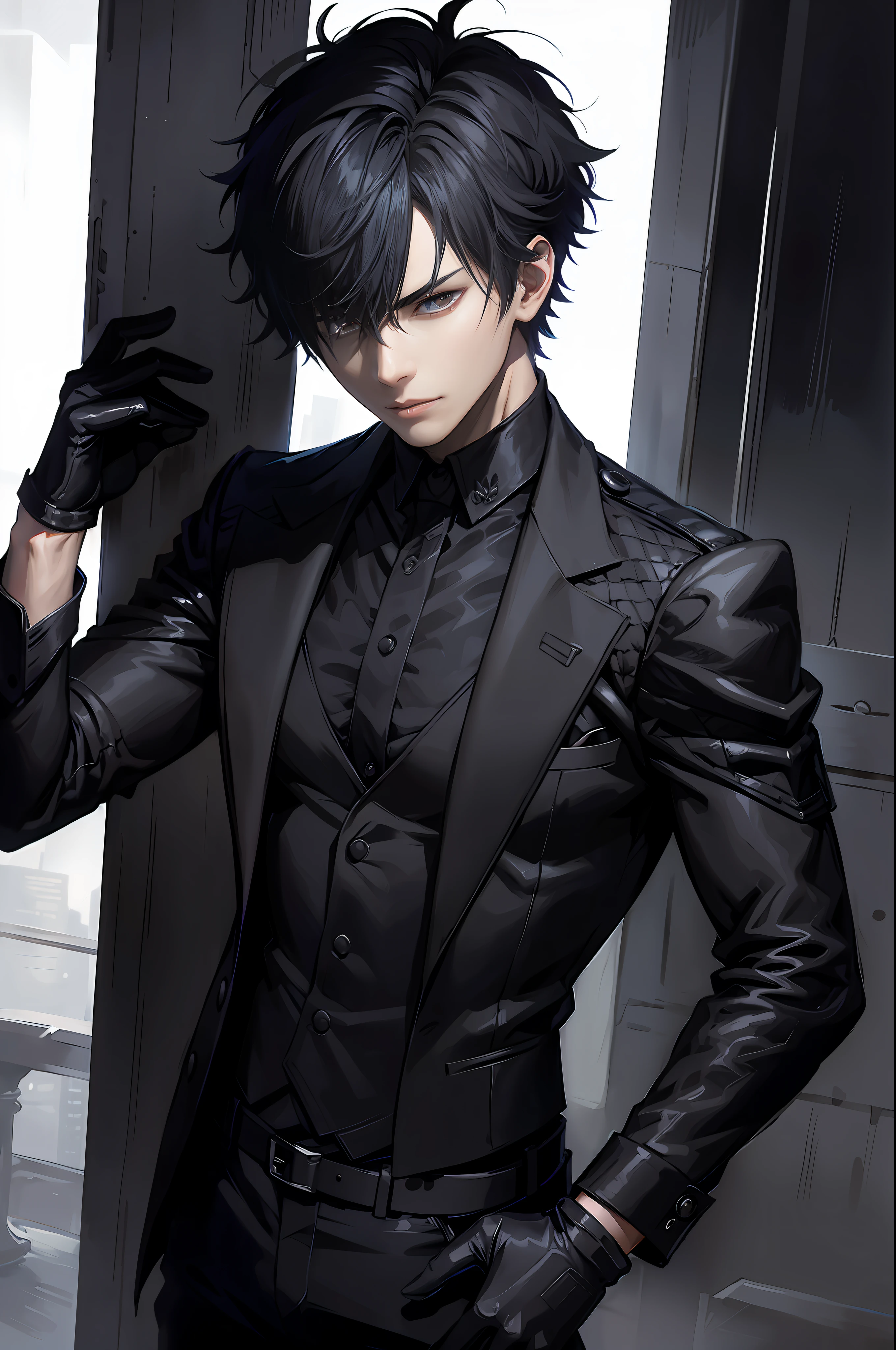 anime - style image of a man in a black suit and gloves, wearing a black noble suit, handsome anime pose, dark suit, handsome guy in demon slayer art, anime handsome man, tall anime guy with red eyes, inspired by Okumura Masanobu, male anime character, handsome japanese demon boy, trigger anime artstyle, handsome male vampire, (3D, cycle render, computer graphics:1.2), ff7r style