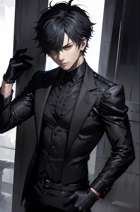 anime - style image of a man in a black suit and gloves, wearing a black noble suit, handsome anime pose, dark suit, handsome gu...