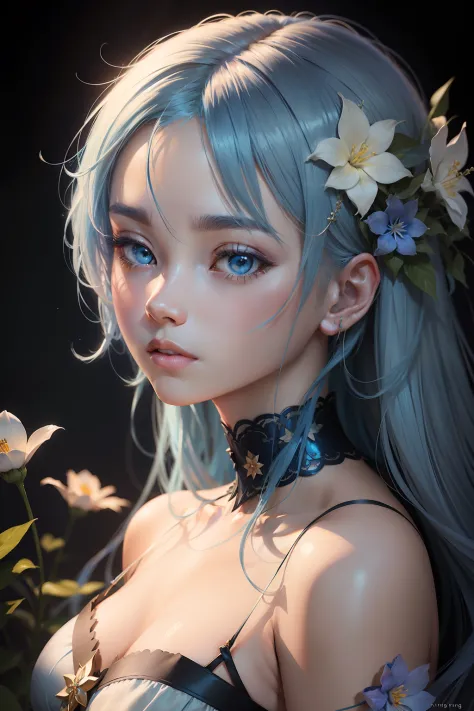 an anime girl with blue hair and blue flowers, in the style of the stars art group (xing xing), classic portraiture, dark white and light gold, realistic lighting, delicate flora depictions, luminous reflections, close up