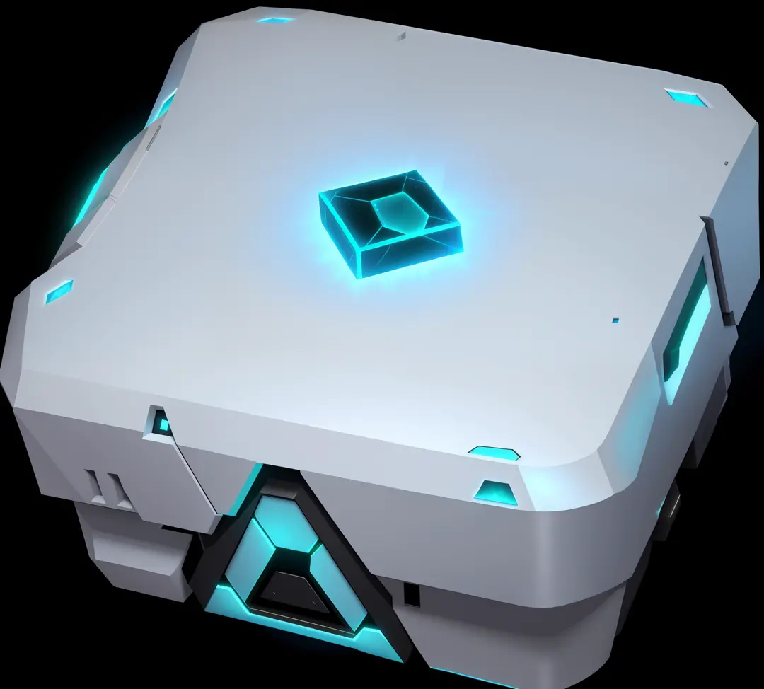White box close-up，There is a green diamond on it, loot box, cryo engine, the tesseract, modular item, game icon asset, arte renderizada, borg cube, Hypercube, octagon render 8k, no gradien, server, game assets, iridescent cybernetic processor, artistation...