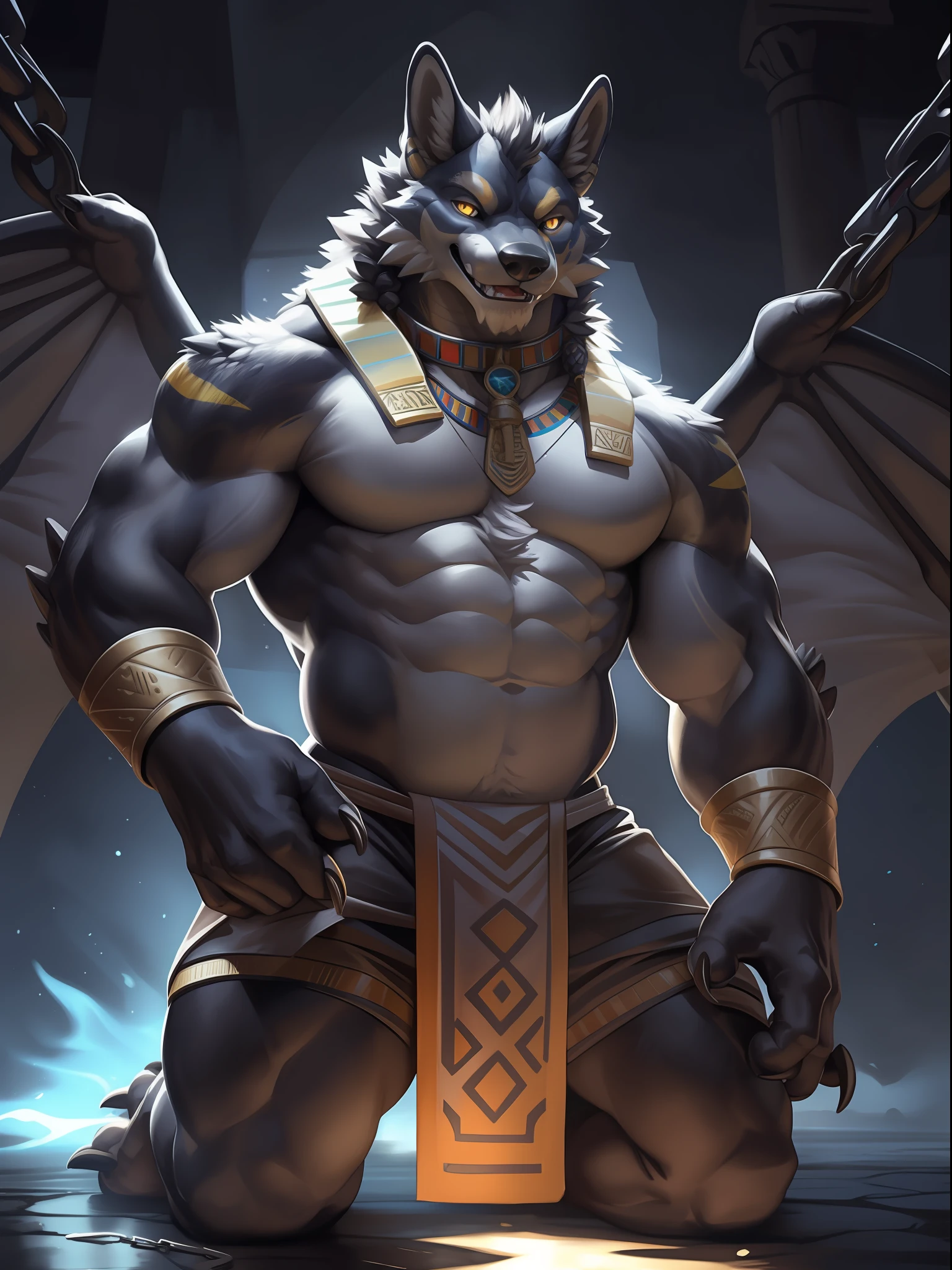 Solo, Male, (Muscular), sacrifices, (male anthro wolf):1.3, Pure black body,Kneel, (Kamimei):1.3, (komono:1.4) (DOA):1.23, (, The loincloth and black shorts are semi-worn，Half comes off， Yellow pattern:1.2), Detailed eyes, lizard tail,A pair of dragon horns, A pair of dragon wings，((half-body portrait)), (Detailed eyes, Yellow eyes，Red eyes, Black skin，Yellow stripes，Sharp claws，Cute beast claws，drools，Fluid spills from the lower body，Milk spilled all over the floor，Egyptian costumes，Egyptian totem，Abinus，glowing light eyes):1.1, (exteriors:1.35), altar, firey, fumo, In an Egyptian style bedroom, the night, Be red in the face，Kneel，Collar，Cages，Chains bind hands and bodies，submit to，drunk，enjoying，looking to the camera，having fun（Particle，glowworm，blue glowing）：1.3，detailedbackground，realisticlying，realistic hand，8k hdr，（Dark shadows，Wide dynamic range，hdr，low-light：1.2），author（pino daeni，（author：by ruaidri），author：virtyalfobo）