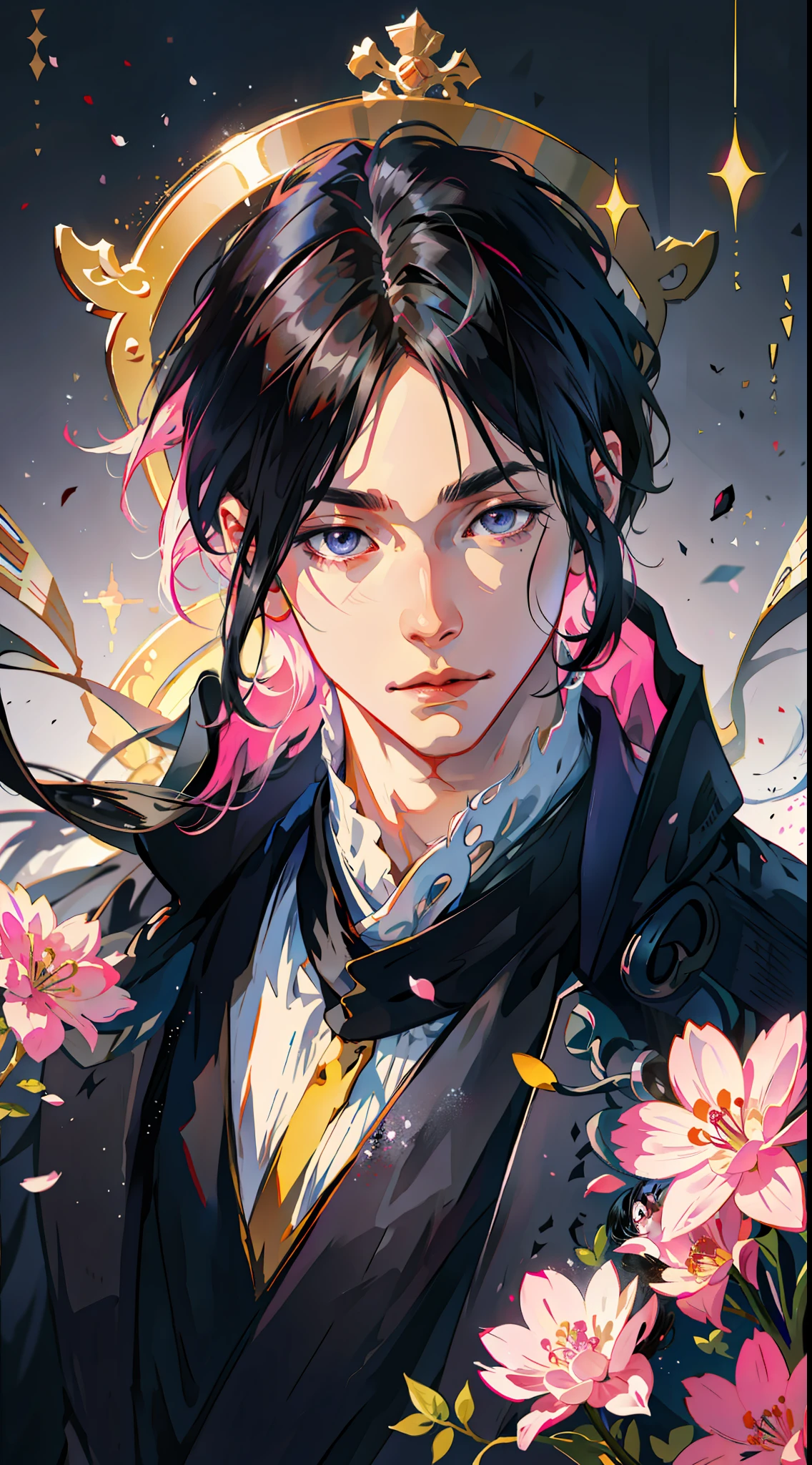 masterpiece, best quality, 1 man, adult, handsome, tall and muscular boy, broad shoulders, finely detailed eyes and detailed face, short black hair, sasuke, onyx color eyes, aristocrat, magnificent background, shadow effect, throne,(anime), sasuke uchiha,fantasy, 18th-century European aristocratic style, noble, garden, baroque, he is accompanied by a woman with pink hair, sakura, anime,