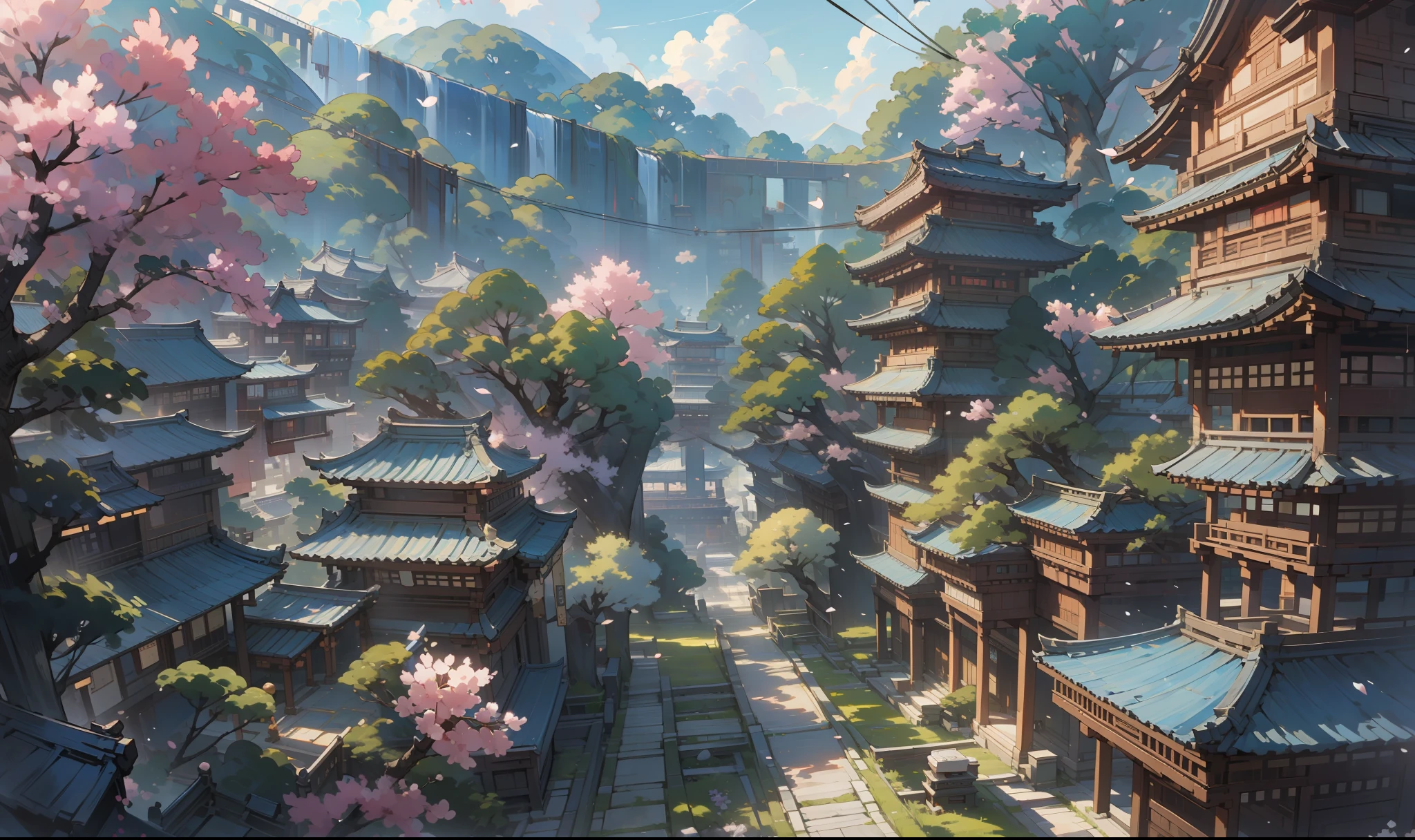 （Microlandscape：1.8，Faraway view，High viewing angle lens），（（best qualtiy）），tmasterpiece，Hyper-detailing，best qualityer，8K，Antique game scene design，View of Gangnam Town，Streets crisscrossing the streets，big trees，florals，Flowers in the bushes，Trees bloom，Sakura architecture，Antique carved door beams，naturey，scenecy，exteriors，In the daytime，Skysky，blue-sky,（Very detailed CG unified 8k wallpaper），Ray traching