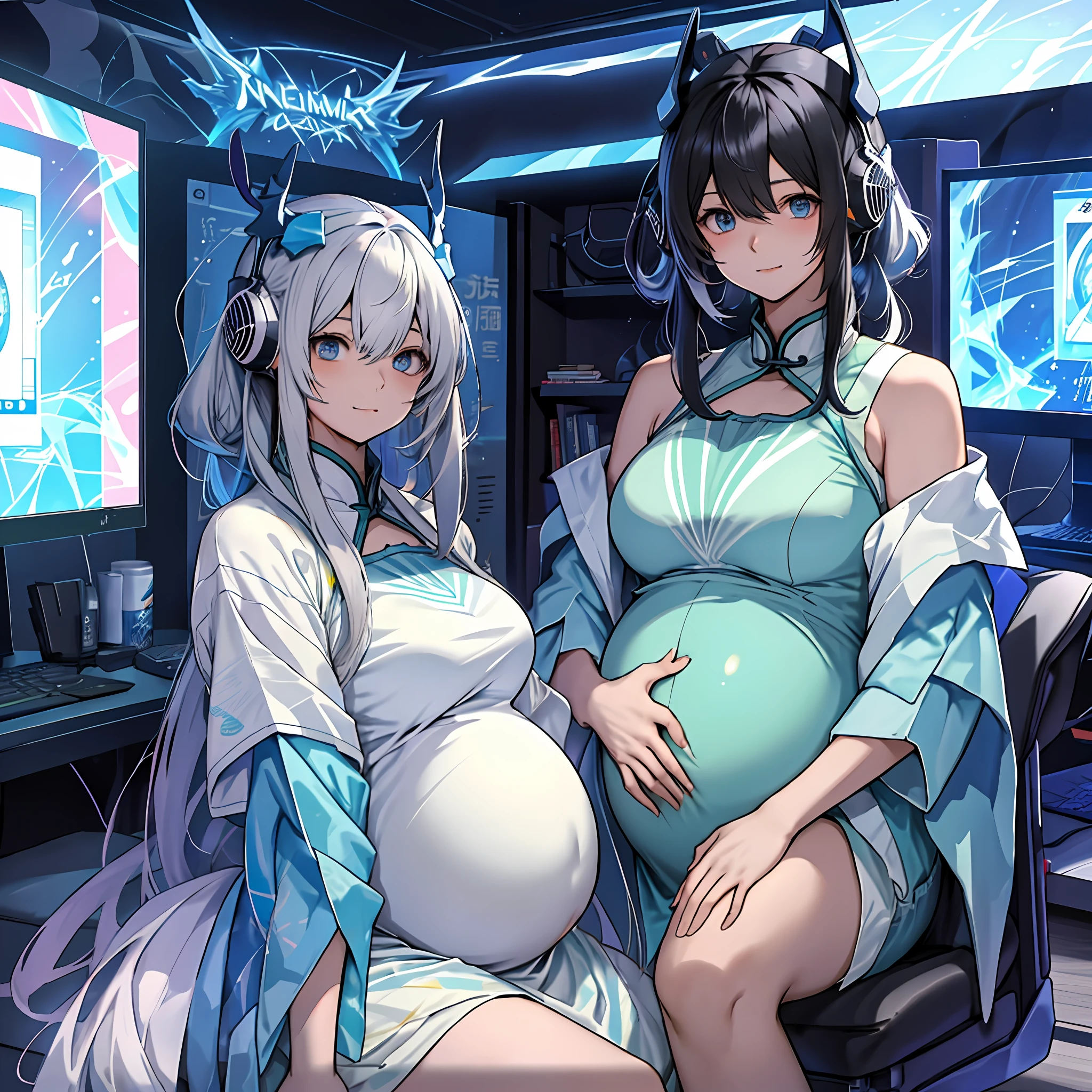 best qualtiy：1.0），（超高分辨率：1.0），animemanga girl，with short black hair，blue color eyes，Sit in front of the computer and play games，The background is in the esports room，Pregnant belly，Pregnant belly