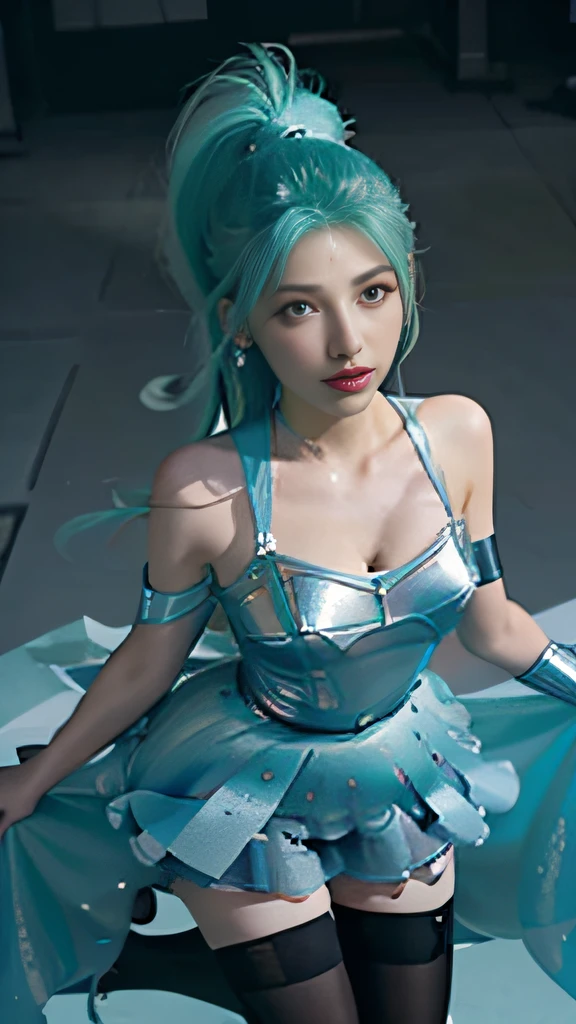 Sky, Field, Wheat, K/Da All Out Seraphine), League of Legends, K/Da \ (League of Legends), 1Girl, Solo, Aqua Green Hair, Gradient Hair, Blue Eyes, Lips, Long Hair, Long Ponytail, Ponytail, Earrings, Jewelry, Armbands, Bracelet, Ice Wing, Blue Dress, Layered Clothes, Black Skirt, One Shoulder Off-the-Shoulder, Cleavage, Stockings, Look to the Audience, Shoot from Above, Look at the Audience, Good Looking Breasts, Cleavage